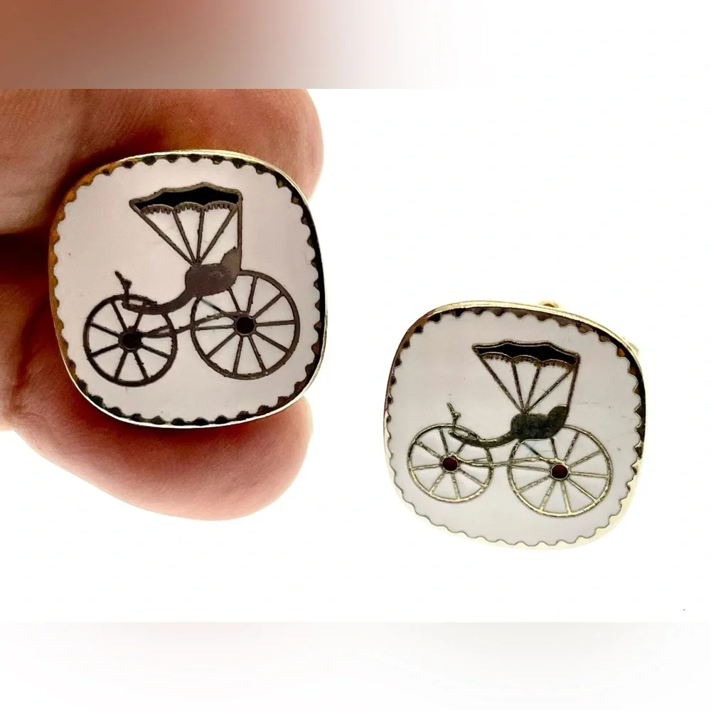 Vintage Cufflinks Gold Tone and Enamel Square Antique Car